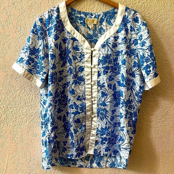Victoria’s Secret Gold Label Pajama Top Sz S-M Blue White Floral Print Vintage - Picture 2 of 9